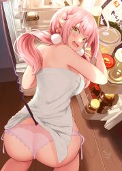 Rule 34 | 1girl, absurdres, ass, bare arms, bare shoulders, blush, braid, breasts, from behind, green eyes, highres, indoors, kneeling, long hair, looking at viewer, looking back, medium breasts, narushima kanna, no pants, open mouth, original, panties, pink panties, pointy ears, refrigerator, see-through, signature, solo, tail, towel, underwear, white towel, wooden floor