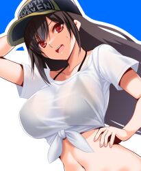 Rule 34 | 1girl, baseball cap, bikini, bikini under clothes, black bikini, black hair, black hat, breasts, collarbone, commentary request, engo (aquawatery), final fantasy, final fantasy vii, final fantasy vii ever crisis, fingernails, hat, large breasts, long hair, midriff, navel, official alternate costume, open mouth, pink nails, red eyes, shirt, short sleeves, smile, solo, stomach, sweatdrop, swimsuit, tifa lockhart, tifa lockhart (lifeguard), very long hair, white shirt