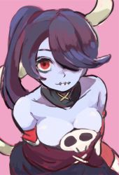 Rule 34 | 1girl, blue skin, breasts, cleavage, colored skin, detached sleeves, from above, hair over one eye, leviathan (skullgirls), long hair, lowres, pink background, purple hair, red eyes, side ponytail, simple background, skull, skullgirls, solo, squigly (skullgirls), stitched mouth, stitches, striped, toi (toiot), zombie
