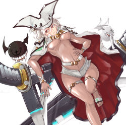 Rule 34 | 1girl, arc system works, belt bra, breasts, coat, creature, dacho, dark skin, demon wings, dual wielding, dutch angle, guilty gear, guilty gear xrd, hat, holding, katana, large breasts, long hair, lucifero (guilty gear), mouth hold, ramlethal valentine, short shorts, shorts, simple background, sword, underboob, weapon, white background, white hair, wings