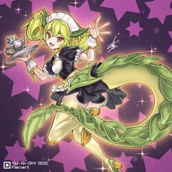 Rule 34 | 1girl, arikanrobo, dragon girl, dragon tail, duel monster, green hair, highres, holding, holding plate, looking at viewer, maid headdress, open mouth, orange eyes, parlor dragonmaid, plate, print background, puffy short sleeves, puffy sleeves, short sleeves, solo, star (symbol), star print, tail, thighhighs, yu-gi-oh!
