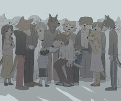 Rule 34 | absurdres, animal ears, animal head, avogado6, brown pants, cigarette, commentary request, cowering, dog ears, dress, earrings, furry, furry female, furry male, glowing, glowing eyes, grey background, grin, gyaruo, headpat, highres, holding, holding cigarette, jewelry, original, pants, people, red eyes, sandals, shirt, smile, teardrop facial mark, white shirt