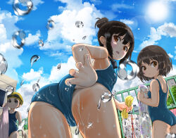 Rule 34 | 3girls, adjusting clothes, adjusting swimsuit, ass, back, black hair, blue sky, breasts, brown eyes, cloud, cloudy sky, competition school swimsuit, competition swimsuit, cowboy shot, female focus, from behind, gluteal fold, goggles, goggles on head, higashi tarou, highres, holding, holding towel, leaning forward, lens flare, looking at viewer, looking back, multiple girls, one-piece swimsuit, original, pool, school swimsuit, short hair, sidelocks, sky, small breasts, standing, summer, sun, sunlight, swim cap, swimsuit, tan, tanline, thighs, towel, water drop, wet, wet clothes, wet swimsuit