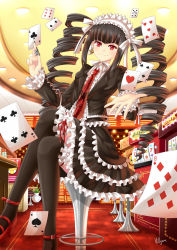 Rule 34 | 10s, 1girl, ace (playing card), ace of clubs, ace of hearts, ace of spades, black hair, bonnet, card, celestia ludenberg, claw ring, club (shape), danganronpa: trigger happy havoc, danganronpa (series), drill hair, eight of diamonds (playing card), frills, gothic lolita, heart, lolita fashion, long hair, necktie, playing card, red eyes, smile, solo, spade (shape), thighhighs, twin drills, twintails, villyane