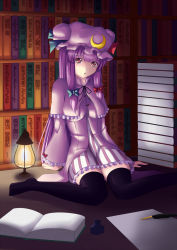 Rule 34 | 1girl, aitsugawa rui, bad id, bad pixiv id, black thighhighs, book, bookshelf, crescent, crescent moon, female focus, hat, inkwell, lamp, long hair, md5 mismatch, moon, patchouli knowledge, purple eyes, purple hair, quill, sitting, solo, thighhighs, touhou, wariza