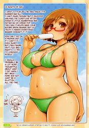 Rule 34 | 1girl, bikini, blush, breasts, brown eyes, brown hair, english text, food, glasses, hard-translated, highres, large breasts, navel, nikki (swapnote), nintendo, plump, popsicle, shigatake, short hair, swapnote, sweat, swimsuit, thick thighs, thighs, third-party edit, wide hips