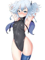 Rule 34 | 1girl, absurdres, areola slip, armpits, arms behind head, arms up, asymmetrical legwear, bare shoulders, black leotard, blue eyes, blue legwear, blush, breasts, capelet, covered erect nipples, covered navel, cowboy shot, girls&#039; frontline, hair between eyes, headgear, highres, hip focus, leotard, looking at viewer, medium hair, no jacket, pa-15 (girls&#039; frontline), parted lips, physisyoon, silver hair, simple background, skin tight, small breasts, solo, thigh gap, thighs, twintails, uneven legwear, white background