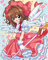 Rule 34 | 1girl, ahoge, blush, bow, bowtie, brown hair, cardcaptor sakura, cowboy shot, dot nose, dress, dress bow, feathered wings, finger to mouth, frilled dress, frilled gloves, frills, fuuin no tsue, gloves, green eyes, hair between eyes, hair intakes, hand up, highres, holding, holding wand, index finger raised, kinomoto sakura, long hair, looking at viewer, open mouth, petals, pink dress, puffy short sleeves, puffy sleeves, red bow, red bowtie, red headwear, short sleeves, sidelocks, smile, solo, straight hair, take shinobu, two-tone dress, wand, white dress, white gloves, white wings, wings, yellow background