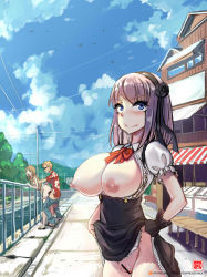 Rule 34 | 10s, 1boy, 2girls, :o, against railing, ass, awning, bar censor, bird, blouse, blue eyes, blush, bow, bowtie, breasts, breasts out, brown hair, building, canal, censored, clothes lift, clothes pull, cloud, dagashi kashi, day, denim, doggystyle, dress, dress lift, endou saya, endou tou, exhibitionism, flashing, flower, gao (gaolukchup), gloves, grin, hair flower, hair ornament, hairband, hawaiian shirt, hetero, incest, jeans, large breasts, leaning forward, looking at viewer, makeup, mascara, multiple girls, nipples, no bra, no panties, no pants, nude, open clothes, open mouth, outdoors, panties, pants, pants pull, panty pull, penis, power lines, public indecency, purple hair, pussy, railing, sandals, sex, sex from behind, shidare hotaru, shirt, sidewalk, sky, smile, standing, underwear, utility pole, vaginal, watermark, web address, white shirt, wrist cuffs