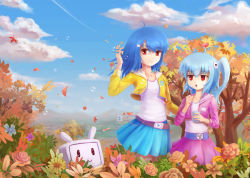 Rule 34 | 2girls, :3, adjusting hair, ahoge, aqua hair, autumn, autumn leaves, bili girl 22, bili girl 33, bilibili, blue hair, blowing bubbles, cloud, contrail, day, flower, hair ornament, highres, jackiexp, leaf, mascot, montain, mountain, multiple girls, open mouth, red eyes, siblings, side ponytail, sisters, skirt, sky, television, tree, wind, wudi de pangxie