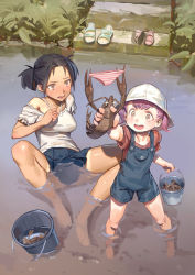 Rule 34 | 1girl, :d, arm at side, arm support, bare legs, barefoot, black hair, blue skirt, breasts, brown eyes, bucket, commentary, day, fingernails, frilled sleeves, frills, full body, grass, hand up, hat, highres, holding, holding bucket, lobster, medium breasts, miniskirt, no panties, off shoulder, open mouth, original, outdoors, overalls, panties, partially submerged, plant, purple hair, red shirt, round teeth, shirt, short hair, short twintails, sitting, skirt, slippers, smile, sparkling eyes, stairs, standing, striped clothes, striped panties, suspenders, teeth, timbougami, twintails, underwear, unworn panties, upper teeth only, wading, water, wet, wet clothes, wet shirt, white hat
