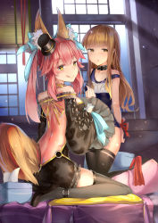 Rule 34 | 2girls, absurdres, animal ears, backless outfit, blunt bangs, bound, bow, collar, cross-laced clothes, fate/extra, fate/extra ccc, fate (series), fox ears, fox girl, fox tail, gothic lolita, hair ribbon, hat, high heels, highres, hohaku, huge filesize, kishinami hakuno (female), kneeling, lace trim, licking lips, lolita fashion, long hair, looking back, mini hat, mini top hat, multiple girls, off shoulder, official alternate costume, ribbon, ribbon bondage, school swimsuit, sitting, smile, swimsuit, tail, tamamo (fate), tamamo no mae (fate/extra), tamamo no mae (sable mage) (fate), thighhighs, tissue box, tongue, tongue out, top hat, twintails, yuri
