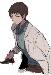 Rule 34 | 1boy, aoi (yooo009), blue shirt, brown eyes, brown hair, closed mouth, collared shirt, cowboy shot, expressionless, hammer, highres, holding, holding hammer, holding weapon, jacket, lab coat, long sleeves, looking at viewer, male focus, miyata shirou, open clothes, open jacket, shirt, short hair, simple background, siren (series), siren 1, solo, upper body, weapon, white background