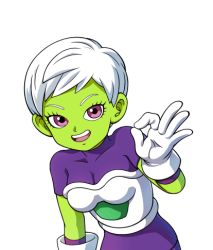 Rule 34 | 1girl, breasts, cheelai, colored skin, dragon ball, dragon ball super, dragon ball super broly, green skin, lowres, official art, open mouth, purple eyes, smile, white hair