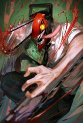 Rule 34 | 1boy, absurdres, black necktie, black pants, blood, blood splatter, bloody weapon, chainsaw, chainsaw man, collared shirt, denji (chainsaw man), door, glowing, glowing eye, highres, looking at viewer, makima (chainsaw man), muksal, necktie, pants, red hair, reflection, ringed eyes, sharp teeth, shirt, sidelocks, smile, teeth, tongue, tongue out, weapon, white shirt, yellow eyes