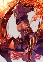 Rule 34 | 1boy, abs, angry, armor, ashwatthama (fate), cowboy shot, dark skin, dark-skinned male, fate/grand order, fate (series), fire, gloves, grey background, heirou, looking at viewer, male focus, open mouth, red armor, red gloves, red hair, topless male, simple background, smile, solo, weapon, yellow eyes