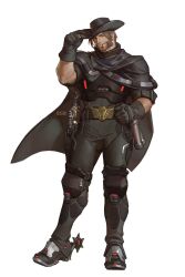Rule 34 | 1boy, armor, armored boots, belt, black belt, black gloves, black pants, blackwatch cassidy, boots, cassidy (overwatch), chest armor, cigar, cowboy hat, et.m, facial hair, gloves, gun, handgun, hat, highres, holster, holstered, male focus, official alternate costume, overwatch, overwatch 1, pants, poncho, revolver, sideburns, simple background, smile, solo, weapon, white background