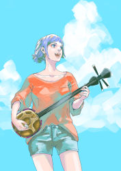 Rule 34 | 1girl, absurdres, earrings, highres, instrument, jewelry, music, open mouth, original, outdoors, playing instrument, purple hair, shamisen, short hair, short ponytail, short shorts, shorts, sky, solo, standing, tamiz illy