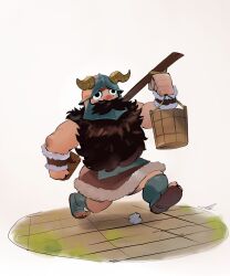 Rule 34 | 1boy, beard, border, carrying over shoulder, dungeon meshi, dwarf, facial hair, fading border, fake horns, full body, helmet, highres, horned helmet, horns, long beard, looking ahead, male focus, red nose, senshi (dungeon meshi), solo, spread legs, thick mustache, toned, toned male, uniqros artist, very long beard, walking