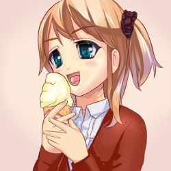 Rule 34 | androgynous, blonde hair, blue eyes, cosplay, costume, dachaku, eating, food, gender request, gradient background, holding, ice cream, kigurumi, mask, open mouth, solo, tongue