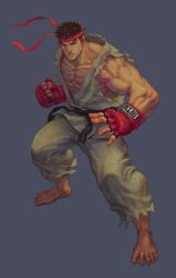 Rule 34 | 1boy, barefoot, bingoman, black hair, clenched hand, dougi, forked eyebrows, frown, headband, highres, incoming attack, incoming punch, large hands, looking at viewer, male focus, muscular, muscular male, pectoral cleavage, pectorals, punching, red headband, ryu (street fighter), short hair, shredded muscles, solo, standing, street fighter, thick eyebrows