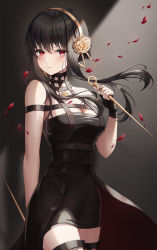 Rule 34 | 1girl, arm behind back, black choker, black dress, black gloves, black hair, black thighhighs, boots, breasts, choker, cleavage, closed mouth, dagger, dress, dual wielding, earrings, falling petals, fingerless gloves, floating hair, flower, furrowed brow, gloves, gold earrings, gold hairband, hair flower, hair ornament, hairband, highres, holding, holding dagger, holding knife, holding weapon, jewelry, knife, long hair, medium breasts, nowsicaa, pendant choker, petals, red eyes, reverse grip, rose, rose petals, short hair with long locks, sidelocks, solo, spikes, spy x family, stiletto (weapon), taut clothes, taut dress, thighhighs, two-sided dress, two-sided fabric, weapon, yor briar, zettai ryouiki