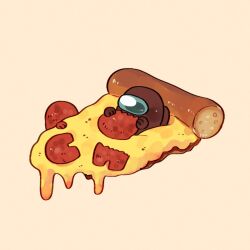 Rule 34 | among us, brown (among us), brown background, commentary, eating, english commentary, food, highres, holding, holding food, impostor (among us), pepperoni, pizza, pizza slice, signature, simple background, sitting, solo, tenmiyakiyo