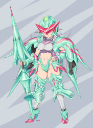 Rule 34 | 1girl, boots, breasts, double-blade, frown, gundam, gundam build fighters, helmet, high heel boots, high heels, holding, holding lance, holding polearm, holding weapon, lance, long hair, looking at viewer, maro-n, mecha musume, medium breasts, midriff, navel, one eye covered, personification, polearm, qubeley papillon, silver hair, solo, thigh boots, thighhighs, visor, weapon