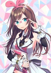 Rule 34 | 1girl, aqua eyes, armpits, bare shoulders, bespectacled, black necktie, blush, book, breasts, brown hair, buttons, detached collar, detached sleeves, glasses, hairband, hand up, haruyuki 14, head tilt, highres, holding, holding book, kizuna ai, kizuna ai (elegant), kizuna ai inc., lace trim, long hair, long sleeves, looking at viewer, medium breasts, multicolored hair, nail polish, necktie, parted lips, pink-framed eyewear, pink hair, pink hairband, pink nails, semi-rimless eyewear, shirt, short necktie, smile, solo, stomach, streaked hair, upper body, virtual youtuber, white shirt, wing collar
