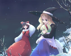 Rule 34 | 3girls, alice margatroid, bare tree, blonde hair, blue dress, capelet, collar, cowboy shot, detached sleeves, dress, female focus, frilled collar, frilled shirt collar, frills, hakurei reimu, hat, hug, kirisame marisa, long sleeves, looking at viewer, multiple girls, night, night sky, outdoors, perfect cherry blossom, plant, red dress, simple background, sitting, sky, snow, snowing, takanashi akihito, touhou, tree, wide sleeves, winter, witch hat