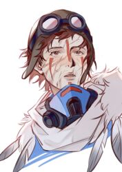 Rule 34 | 1other, absurdres, androgynous, animification, apex legends, bloodhound (apex legends), brown eyes, brown hair, brown headwear, chinese commentary, facepaint, feathers, goggles, goggles on headwear, highres, looking up, mask, mask around neck, official alternate costume, open mouth, portrait, scar, scar on face, scarf, short hair, white background, white scarf, young blood bloodhound, zhege qiongsi bu tai leng
