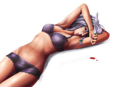 Rule 34 | 1girl, bad id, bad pixiv id, blood, blue eyes, bow, bra, braid, breasts, female focus, hair bow, izayoi sakuya, knife, lingerie, lying, masa0430, navel, on back, panties, silver hair, solo, throwing knife, touhou, twin braids, underwear, underwear only, weapon, white background