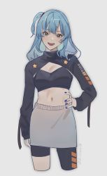 Rule 34 | 1girl, :d, artist name, asymmetrical bangs, black bra, black shirt, blue eyes, blue hair, blue nails, bra, character name, clothes writing, clothing request, collared shirt, cropped legs, grey background, grey skirt, hand on own hip, highres, hokorigogo, hololive, hoshimachi suisei, long hair, looking at viewer, lower teeth only, nail polish, navel, one side up, open mouth, shirt, simple background, skirt, smile, solo, standing, star ornament, teeth, underwear, upper teeth only, virtual youtuber