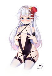 Rule 34 | 1girl, absurdres, aged down, alternate breast size, azur lane, bad id, bad pixiv id, bare shoulders, black dress, blue eyes, blush, breasts, closed mouth, collarbone, cropped legs, dated, dress, groin, hair ornament, hands up, highres, long hair, medium breasts, miaogujun, mole, mole under eye, nail polish, navel, nose blush, pelvic curtain, pink nails, shoukaku (azur lane), shoukaku (sororal wings) (azur lane), signature, silver hair, simple background, sitting, solo, thighhighs, very long hair, white background, white thighhighs