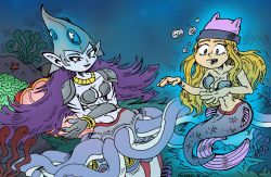 Rule 34 | 2girls, calamaramon, digimon, digimon frontier, hat, long hair, mermaid, monster girl, multiple girls, orimoto izumi, purple hair, squid, squid girl, tentacles