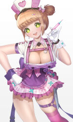 Rule 34 | + +, 1girl, :d, absurdres, apron, blunt bangs, blush, breasts, brown hair, cleavage, double bun, gloves, goddess of victory: nikke, graynacht, green eyes, hair bun, hand on own hip, hat, highres, holding, holding syringe, large breasts, maid apron, novel (detective nurse) (nikke), novel (nikke), nurse cap, open mouth, purple apron, short hair, short twintails, sidelocks, simple background, smile, solo, syringe, thigh strap, twintails, white background, white gloves