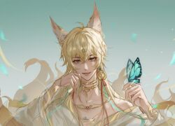 Rule 34 | 1boy, animal ears, aqua butterfly, aqua gemstone, bishounen, bug, butterfly, butterfly on hand, crossed bangs, lovebrush chronicles, fox boy, fox ears, fox tail, gem, green gemstone, highres, insect, looking at viewer, alkaid mcgrath, male focus, multiple tails, see-through, see-through sleeves, smile, solo, tail