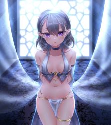 Rule 34 | 1girl, :o, arms behind back, backlighting, bare shoulders, black choker, black hair, blush, breasts, breasts apart, carpet, choker, collarbone, cowboy shot, curtains, detached sleeves, elf, hair between eyes, hairband, highres, indoors, loincloth, looking at viewer, navel, neit ni sei, open mouth, original, pointy ears, purple eyes, purple hairband, revealing clothes, see-through, short hair, skindentation, small breasts, solo, stomach, thigh gap, thighlet, white background, window