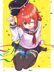 Rule 34 | 1girl, alternate hair color, anchor symbol, arm support, black thighhighs, blue skirt, brown eyes, collarbone, commentary request, confetti, fang, full body, hair ornament, hairclip, hand up, hat, highres, ikazuchi (kancolle), kantai collection, looking at viewer, military, military uniform, naval uniform, neckerchief, no shoes, one eye closed, open mouth, peaked cap, pleated skirt, red hair, removing hat, shirt, simple background, sitting, skirt, solo, streamers, thighhighs, unagiman, uniform, wariza, white shirt, yellow background
