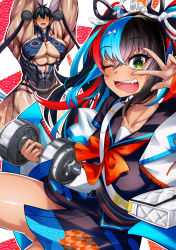 Rule 34 | 1boy, 1girl, alternate costume, arm up, armpits, arms behind head, arms up, bad id, bad twitter id, bag, bara, bikini briefs, black hair, black sailor collar, black serafuku, black shirt, black skirt, blue hair, blush, bow, bowtie, center opening, china dress, chinese clothes, closed eyes, cluseller, collarbone, cosplay, crossdressing, crossed bangs, crossover, dark-skinned male, dark skin, dress, dumbbell, dumbbell nan kilo moteru?, fairouz ai, fang, fate/grand order, fate (series), flexing, floral print, gradient hair, green eyes, hair ornament, hair ribbon, hairclip, hand up, handbag, happy, highres, jacket, long hair, looking at viewer, machio naruzou, male focus, male underwear, manly, miniskirt, multicolored hair, muscular, off shoulder, one eye closed, open clothes, open jacket, open mouth, outline, pectorals, red hair, red neckwear, ribbon, sailor collar, sakura hibiki, sash, school uniform, sei shounagon (fate), serafuku, shiny skin, shirt, short hair, short sleeves, shoulder bag, side slit, skin tight, skirt, smile, solo focus, standing, star (sky), streaked hair, teeth, thick thighs, thighs, twintails, underwear, v over eye, very long hair, w, w over eye, white hair, white jacket, white outline, wink, yang guifei (fate), yang guifei (fate) (cosplay), zipper