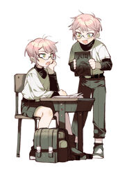 Rule 34 | 21 ke, 2boys, aqua eyes, aqua pupils, backpack, bag, belt, black-framed eyewear, black bag, black belt, black sweater, blush, book, chair, chinese commentary, commentary request, desk, expressionless, eye contact, fang, full body, glasses, grey footwear, grey pants, grey shorts, hand on own cheek, hand on own face, head rest, holding, holding book, layered sleeves, long sleeves, looking at another, male focus, messy hair, mole, mole under eye, multiple boys, on chair, open book, open mouth, orange eyes, original, pants, partial commentary, pink hair, school chair, school desk, semi-rimless eyewear, shirt, shoes, short hair, short over long sleeves, short sleeves, shorts, simple background, sitting, smile, split mouth, standing, sweater, t-shirt, teeth, turtleneck, turtleneck sweater, under-rim eyewear, upper teeth only, white background, white shirt