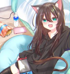 Rule 34 | 1girl, :d, absurdres, animal ear fluff, animal ears, aqua eyes, bag of chips, black hoodie, black legwear, bottle, cat ears, cat girl, cat tail, cellphone, chips (food), chromatic aberration, couch, cushion, fang, food, highres, hood, hood down, hoodie, long hair, long sleeves, looking at viewer, mizore arius, nintendo switch, no pants, open mouth, original, phone, potato chips, sitting, sleeves past wrists, slit pupils, smartphone, smile, tail