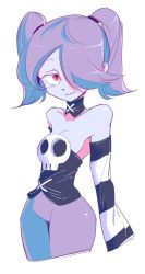Rule 34 | 1girl, bare shoulders, detached collar, detached sleeves, dress, hair over one eye, highres, inarou (rakugakiproject), skull, skullgirls, solo, squigly (skullgirls), stitched mouth, stitches, twintails, zombie