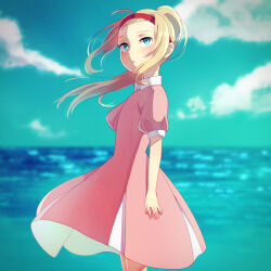 Rule 34 | 1girl, ana (mother), arms at sides, blonde hair, blue eyes, blue sky, blush, collared dress, dress, from side, hairband, long hair, looking to the side, mother (game), mother 1, nintendo, ocean, parted lips, pink dress, ponytail, puffy short sleeves, puffy sleeves, red hairband, shifumame, short sleeves, sky, solo