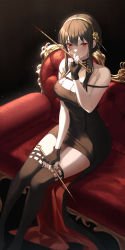 Rule 34 | 1girl, absurdres, backlighting, bare shoulders, black dress, black thighhighs, blood, blood on breasts, blood on clothes, blood on face, bloody weapon, blush, breasts, brown hair, cleavage, couch, covered mouth, dagger, dark background, dress, fingerless gloves, gloves, hand up, highres, knife, large breasts, light particles, looking at viewer, nea (nea 77), on chair, red eyes, sitting, solo, spy x family, stiletto (weapon), thighhighs, two-sided dress, two-sided fabric, waist cape, weapon, yor briar