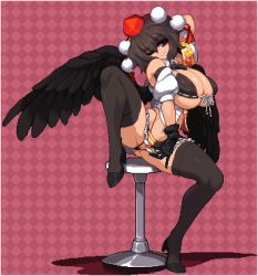 Rule 34 | 1girl, bikini, black hair, black thighhighs, breasts, breasts out, check commentary, checkered background, cleavage, commentary request, hat, high heels, huge breasts, micro bikini, microskirt, namako daibakuhatsu, pixel art, pussy, red eyes, shameimaru aya, skirt, stool, swimsuit, thighhighs, tokin hat, touhou, wings