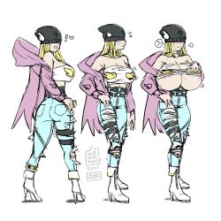 Rule 34 | 1girl, alternate costume, angel, angel wings, angewomon, areola slip, ass, belt, blush, breast expansion, breasts, casual, covered eyes, denim, digimon, digimon adventure, head wings, high heels, hood, jacket, jeans, large breasts, long hair, navel, nipples, onioniogre, pants, sequential, torn clothes, torn jeans, torn pants, white background, wings