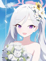 Rule 34 | 1girl, bare shoulders, blue archive, blue sky, bouquet, cloud, day, flower, gamma kenzen, grey hair, hair flower, hair ornament, halo, highres, long hair, looking at viewer, mutsuki (blue archive), open mouth, purple eyes, side ponytail, sky, smile, solo, upper body, white flower