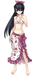 Rule 34 | 1girl, absurdres, alternate costume, aqua eyes, ar tonelico, ar tonelico i, barefoot, bikini, black hair, bow, breasts, cleavage, cross edge, feet, front-tie top, full body, gust, hair bow, highres, hirano katsuyuki, long hair, medium breasts, misha arsellec lune, navel, official art, sarong, simple background, smile, solo, standing, swimsuit, white bikini