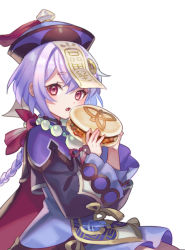 Rule 34 | 1girl, bead necklace, beads, braid, braided ponytail, commentary request, food, genshin impact, hair between eyes, hat, holding, holding food, jewelry, long sleeves, looking at viewer, necklace, ofuda, open mouth, purple hair, qingdai guanmao, qiqi (genshin impact), simple background, solo, suzaku (zaku6584), tongue, white background